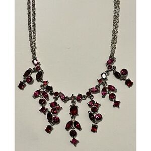 Two Strand Silver Tone Chain Necklace W/ Red & Pink Crystal Gemstone Design